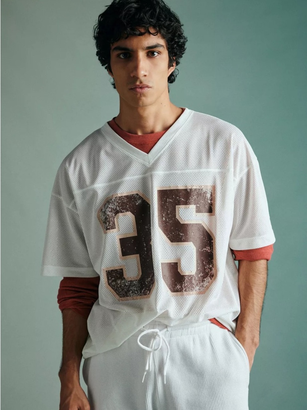 Urban Outfitters Standard Cloth White Mesh Sports Jersey with Distressed '35'